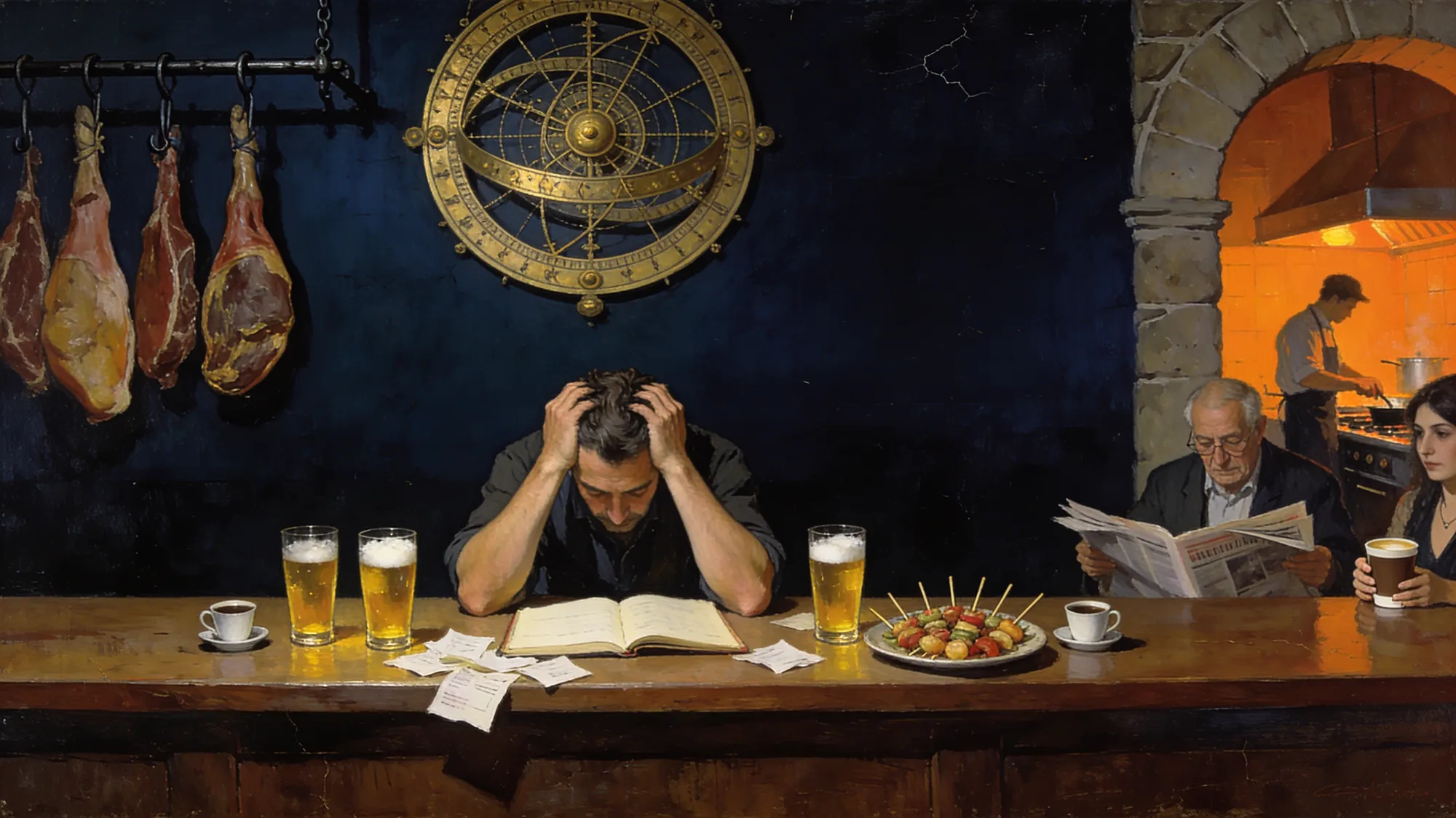 Pintura en oro sobre tinta: un hostelero, solo tras la barra a las dos de la mañana, con las manos en el pelo sobre el libro de cuentas; un gran astrolabio de latón en la pared