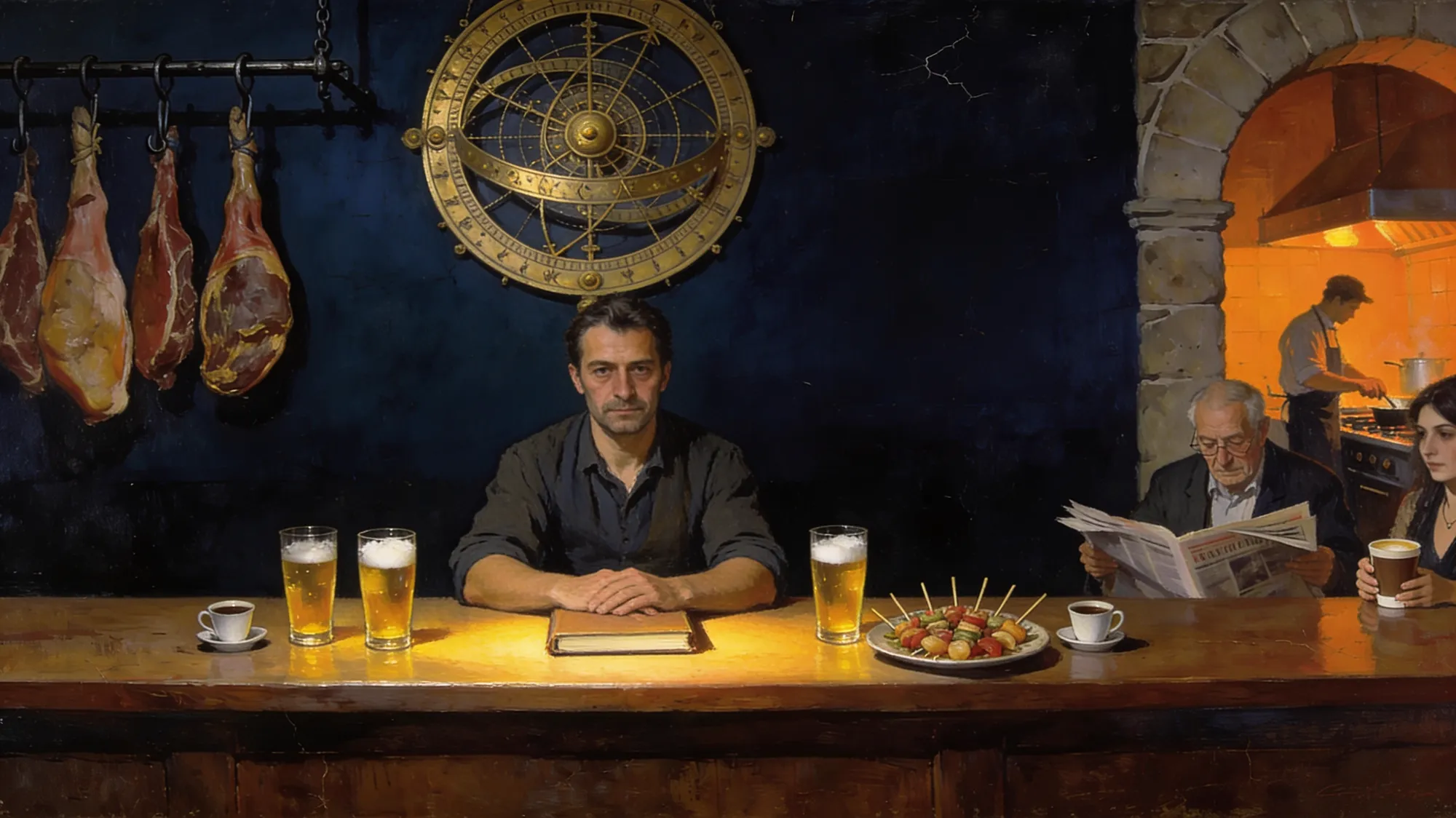 El mismo bar, en calma: el libro cerrado y el hostelero mirando de frente