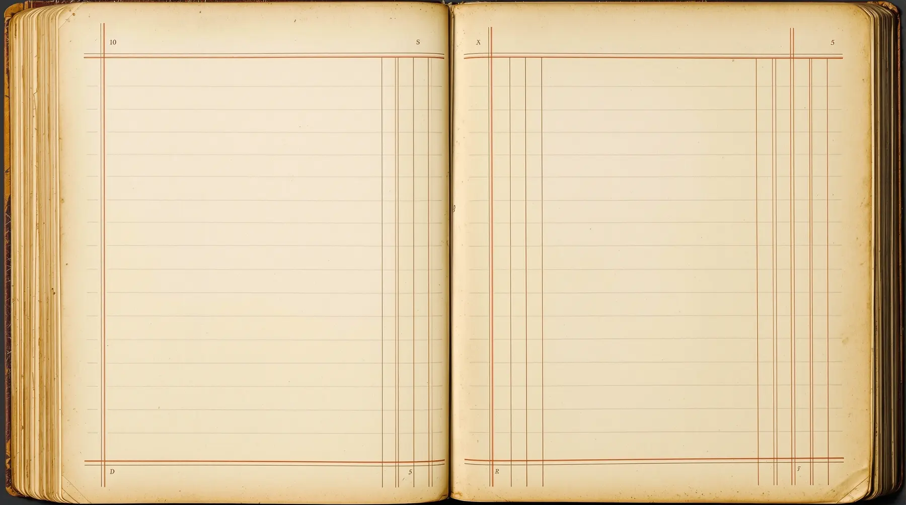 Un libro de cuentas antiguo abierto por dos páginas rayadas en columnas