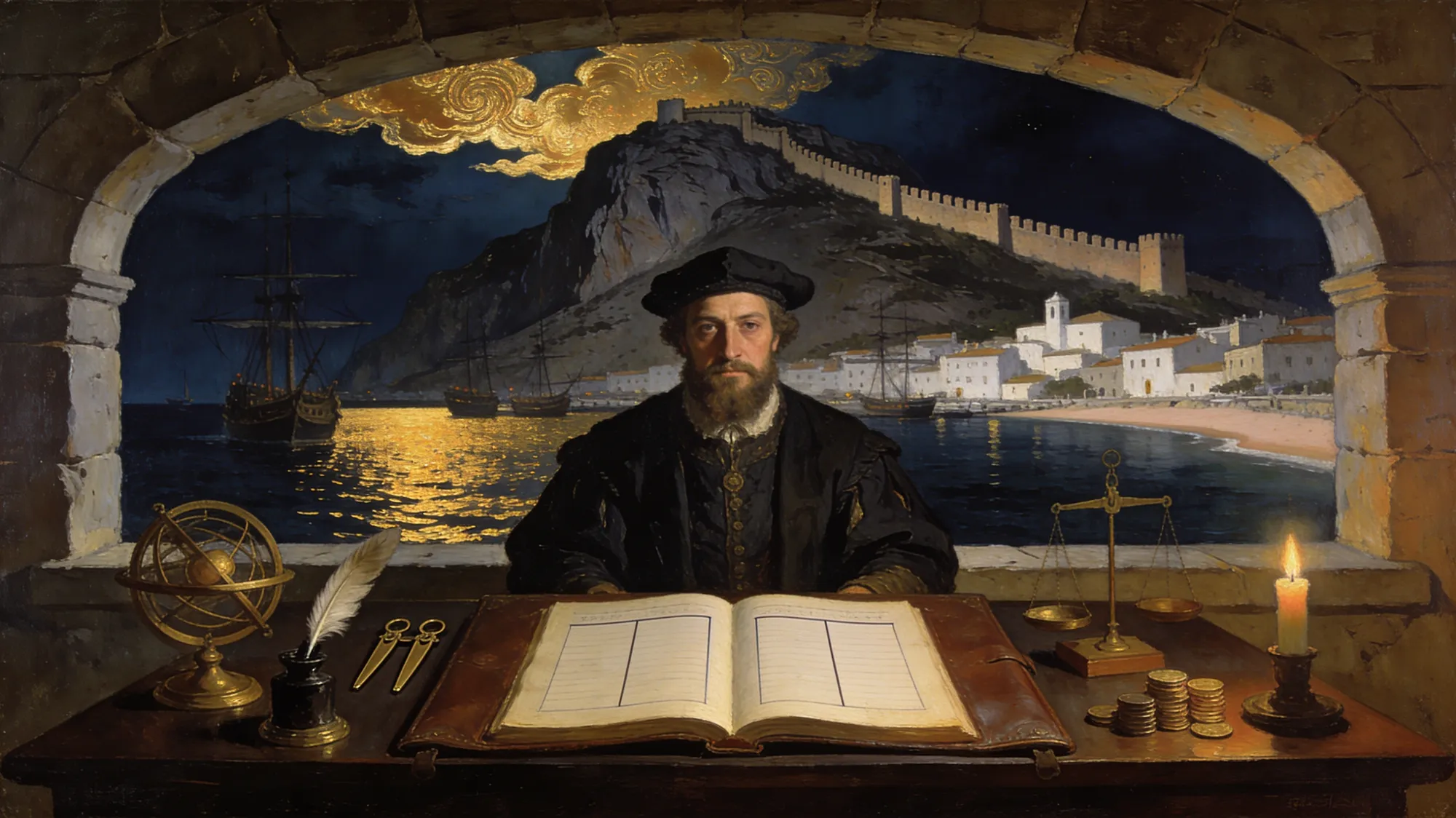 Pintura en oro sobre tinta: el escritorio de un mercader del siglo XVI en el puerto de Alicante, con el libro de cuentas abierto y el castillo de Santa Bárbara por la ventana